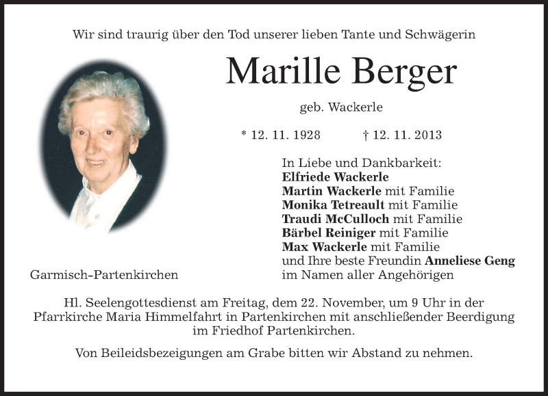  Traueranzeige für Marille Berger vom 20.11.2013 aus merkurtz