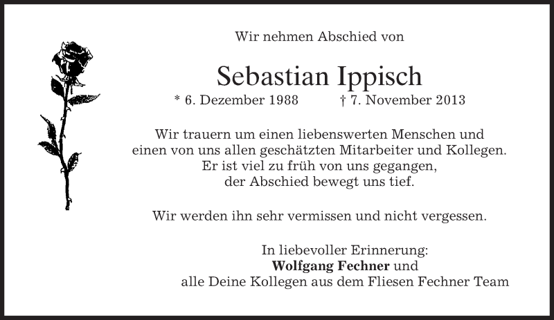  Traueranzeige für Sebastian Ippisch vom 16.11.2013 aus merkurtz