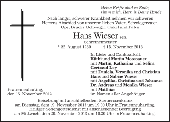 Traueranzeige von Hans Wieser von merkurtz