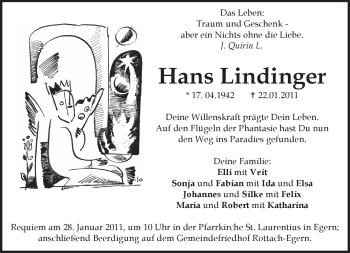 Traueranzeige von Hans Lindinger von MERKUR & TZ