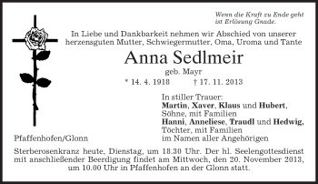 Traueranzeige von Anna Sedlmeir von merkurtz