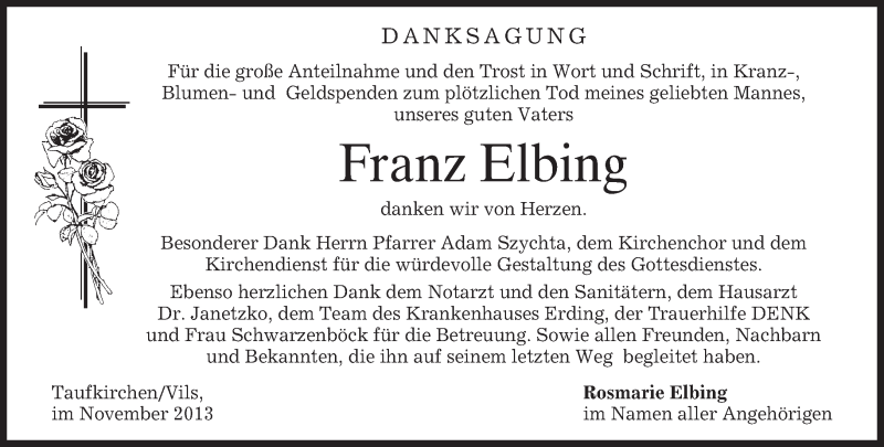 Traueranzeige für Franz Elbing vom 23.11.2013 aus merkurtz