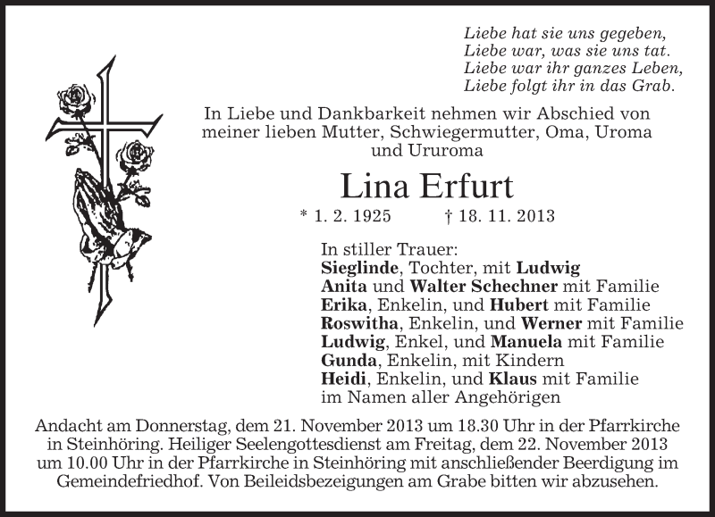  Traueranzeige für Lina Erfurt vom 20.11.2013 aus merkurtz
