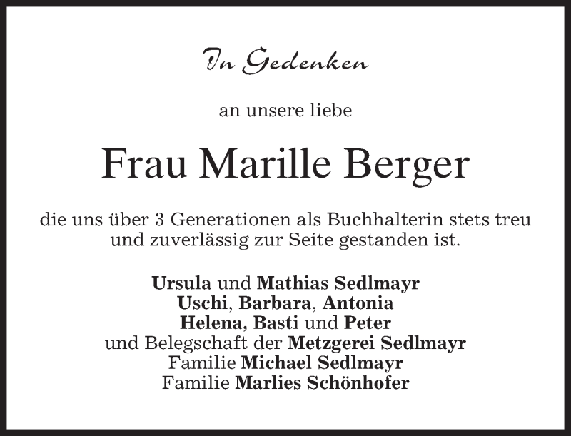  Traueranzeige für Marille Berger vom 22.11.2013 aus merkurtz