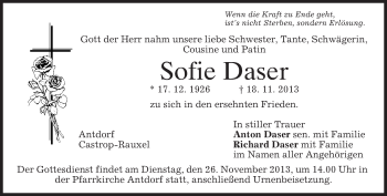 Traueranzeige von Sofie Daser von merkurtz