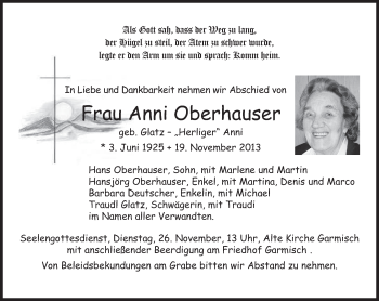 Traueranzeige von Anni Oberhauser von merkurtz