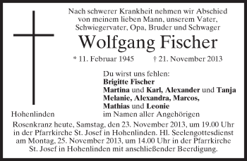 Traueranzeige von Wolfgang Fischer von merkurtz