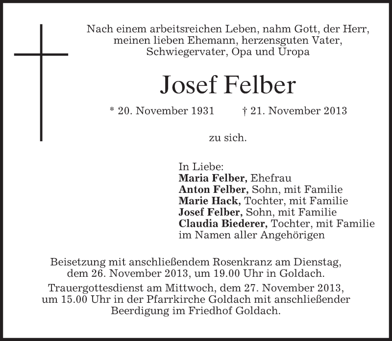  Traueranzeige für Josef Felber vom 23.11.2013 aus merkurtz