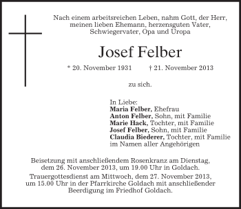 Traueranzeige von Josef Felber von merkurtz