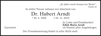 Traueranzeige von Hubert Arndt von merkurtz