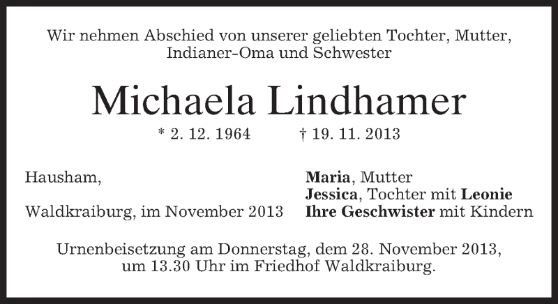  Traueranzeige für Michaela Lindhamer vom 26.11.2013 aus merkurtz