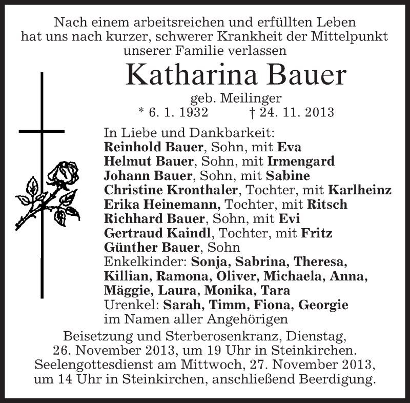  Traueranzeige für Katharina Bauer vom 26.11.2013 aus merkurtz