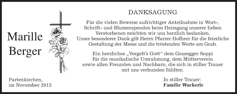  Traueranzeige für Marille Berger vom 30.11.2013 aus merkurtz