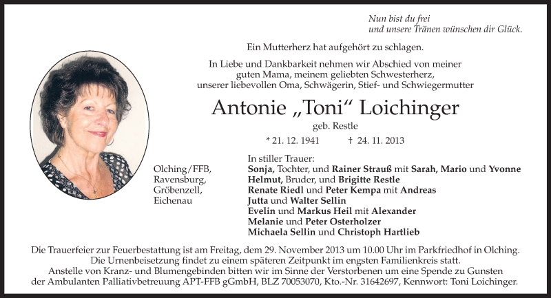  Traueranzeige für Antonie Loichinger vom 27.11.2013 aus merkurtz