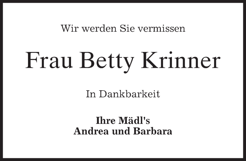  Traueranzeige für Betty Krinner vom 28.11.2013 aus merkurtz