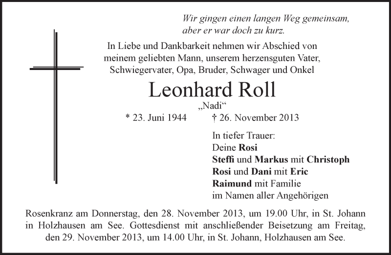  Traueranzeige für Leonhard Roll vom 28.11.2013 aus merkurtz