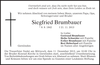 Traueranzeige von Siegfried Brumbauer von merkurtz