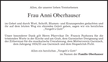 Traueranzeige von Anni Oberhauser von merkurtz