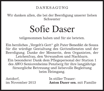 Traueranzeige von Sofie Daser von merkurtz