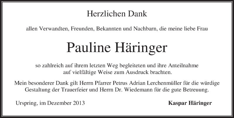  Traueranzeige für Pauline Häringer vom 07.12.2013 aus merkurtz