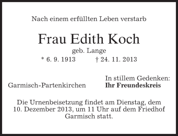 Traueranzeige von Edith Koch von merkurtz
