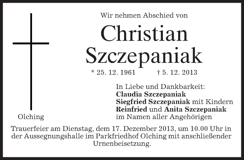  Traueranzeige für Christian Szczepaniak vom 10.12.2013 aus merkurtz