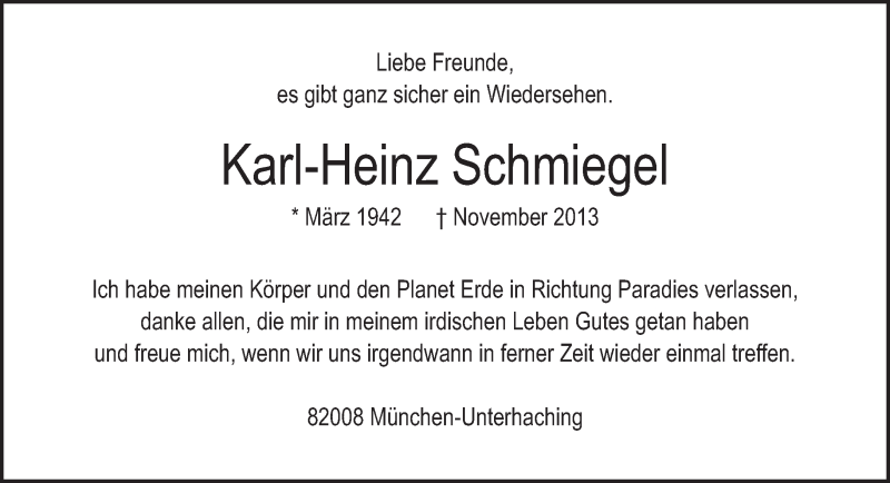  Traueranzeige für Karl-Heinz Schmiegel vom 10.12.2013 aus merkurtz