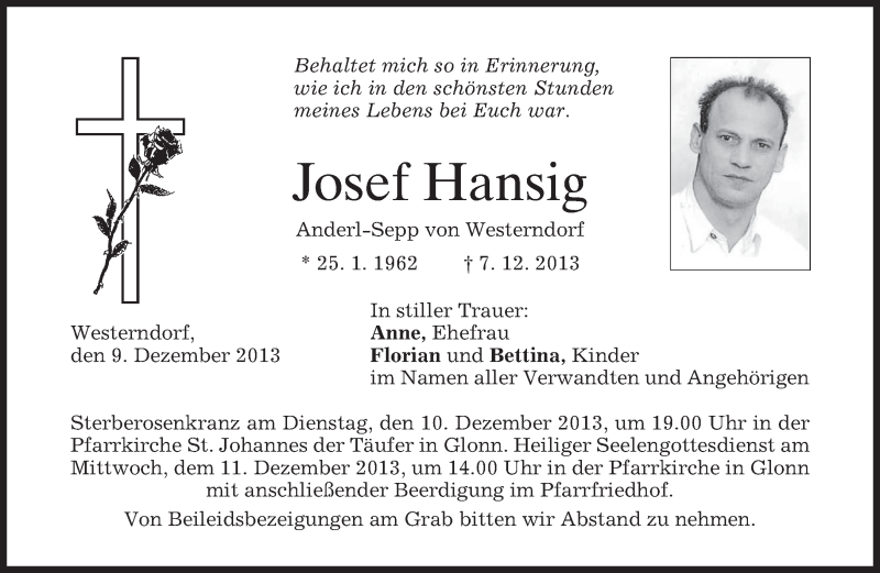  Traueranzeige für Josef Hansig vom 09.12.2013 aus merkurtz