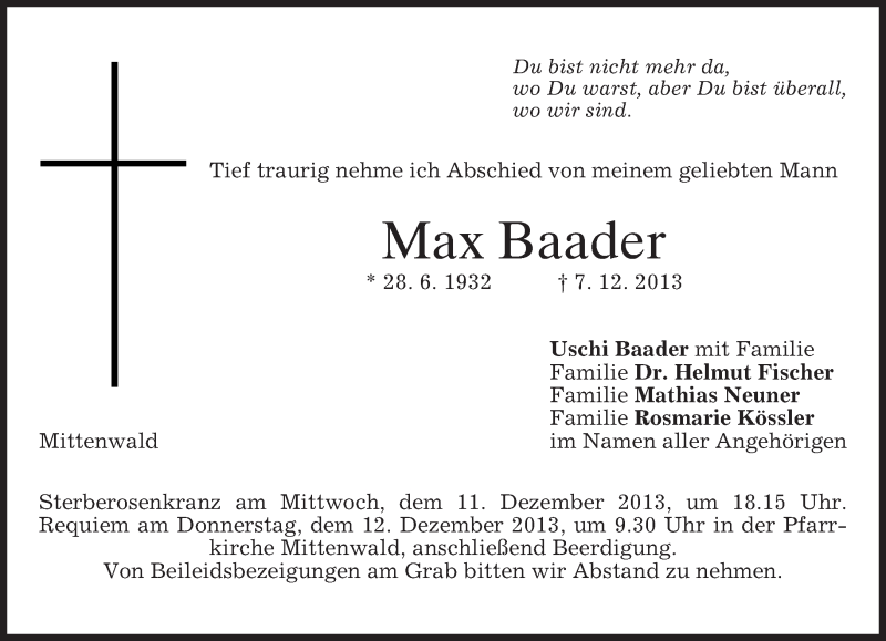  Traueranzeige für Max Baader vom 10.12.2013 aus merkurtz
