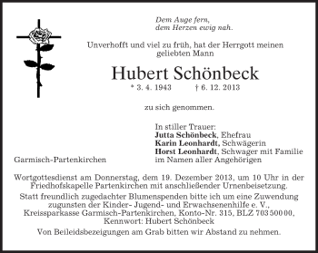 Traueranzeige von Hubert Schönbeck von merkurtz