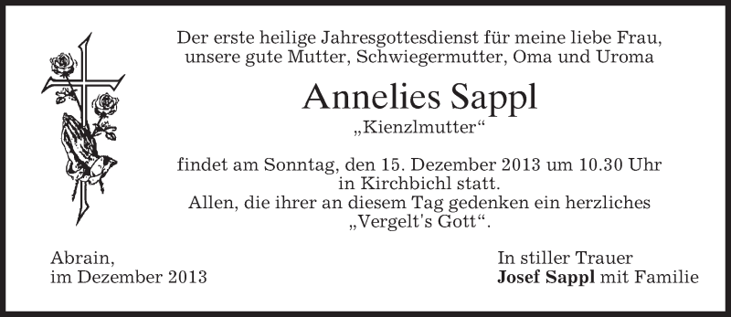  Traueranzeige für Annelies Sappl vom 13.12.2013 aus merkurtz