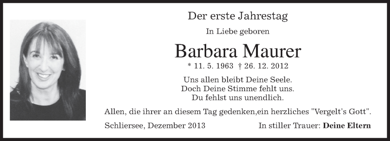  Traueranzeige für Barbara Maurer vom 19.12.2013 aus merkurtz