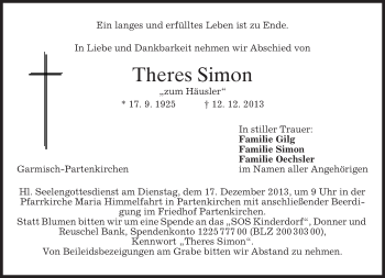 Traueranzeige von Theres Simon von merkurtz