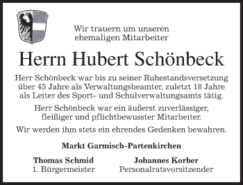 Traueranzeige von Hubert Schönbeck von merkurtz
