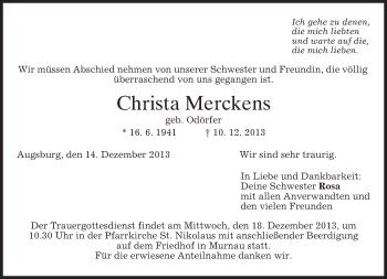 Traueranzeige von Christa Merckens von merkurtz