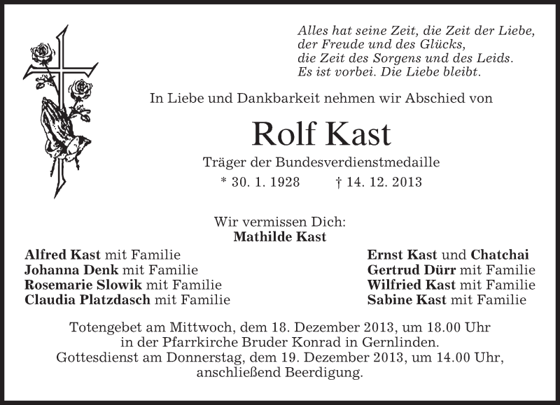  Traueranzeige für Rolf Kast vom 17.12.2013 aus merkurtz