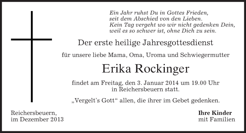  Traueranzeige für Erika Rockinger vom 30.12.2013 aus merkurtz