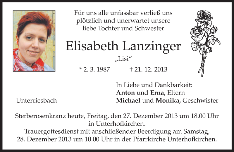  Traueranzeige für Elisabeth Lanzinger vom 27.12.2013 aus merkurtz