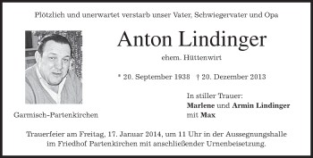 Traueranzeige von Anton Lindinger von merkurtz