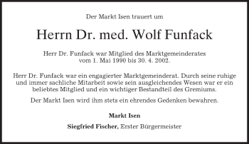 Traueranzeige von Wolf Funfack von merkurtz