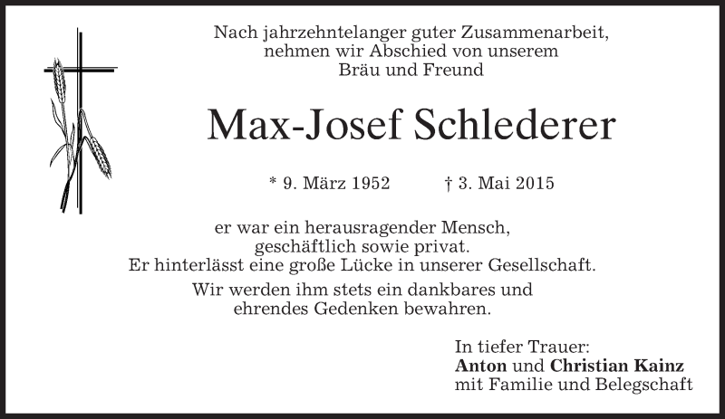  Traueranzeige für Max-Josef Schlederer vom 07.05.2015 aus merkurtz