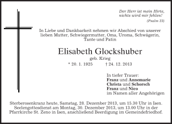 Traueranzeige von Elisabeth Glockshuber von merkurtz