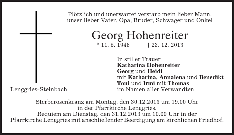  Traueranzeige für Georg Hohenreiter vom 28.12.2013 aus merkurtz