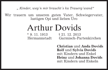 Traueranzeige von Arthur Dovids von merkurtz