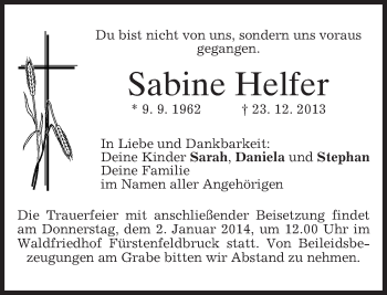 Traueranzeigen von Sabine Helfer | trauer.merkur.de