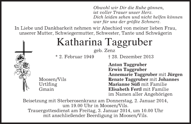  Traueranzeige für Katharina Taggruber vom 30.12.2013 aus merkurtz