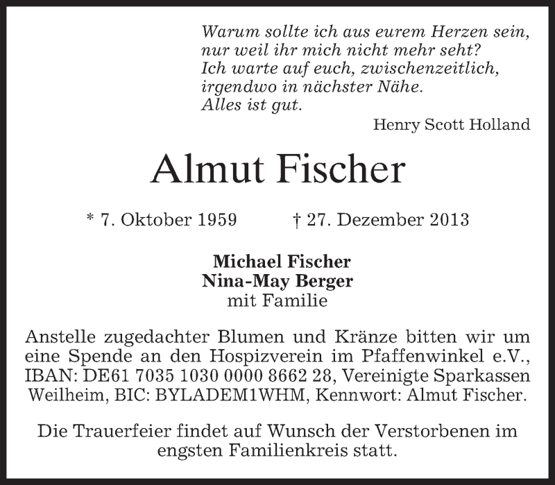  Traueranzeige für Almut Fischer vom 07.01.2014 aus merkurtz