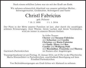 Traueranzeige von Christl Fabricius von merkurtz