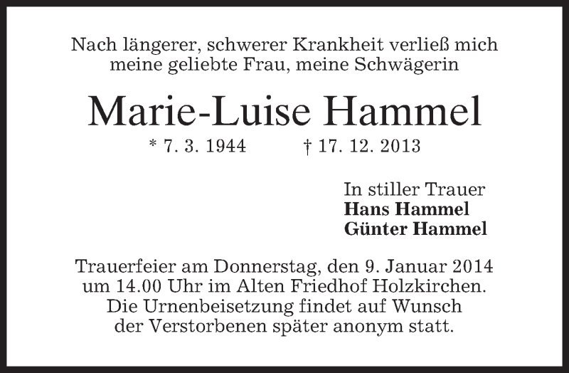 Traueranzeigen Von Marie Luise Hammel Trauermerkurde