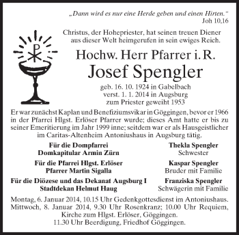 Traueranzeige von Josef Spengler von merkurtz